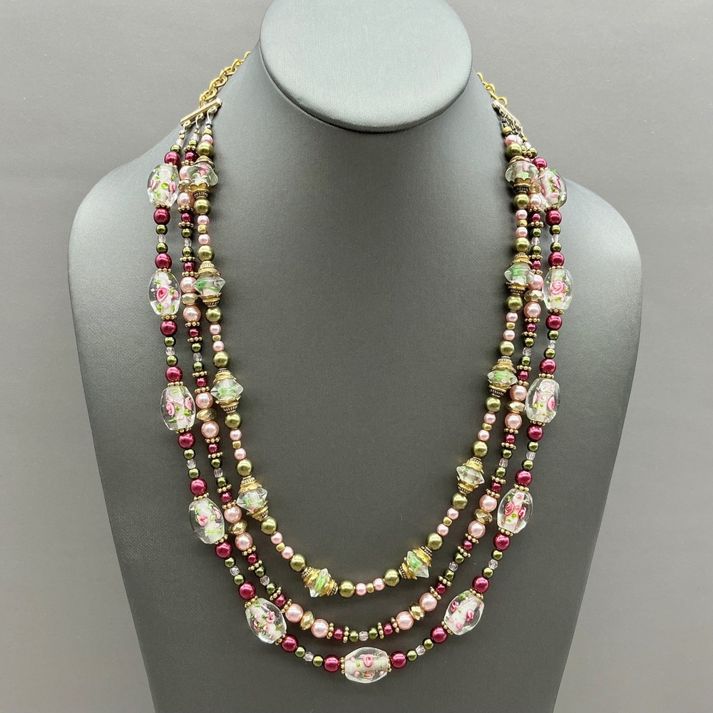 Vintage Japan Necklace Pink Green Triple Strand Beaded Floral Glass 18-21 Inches